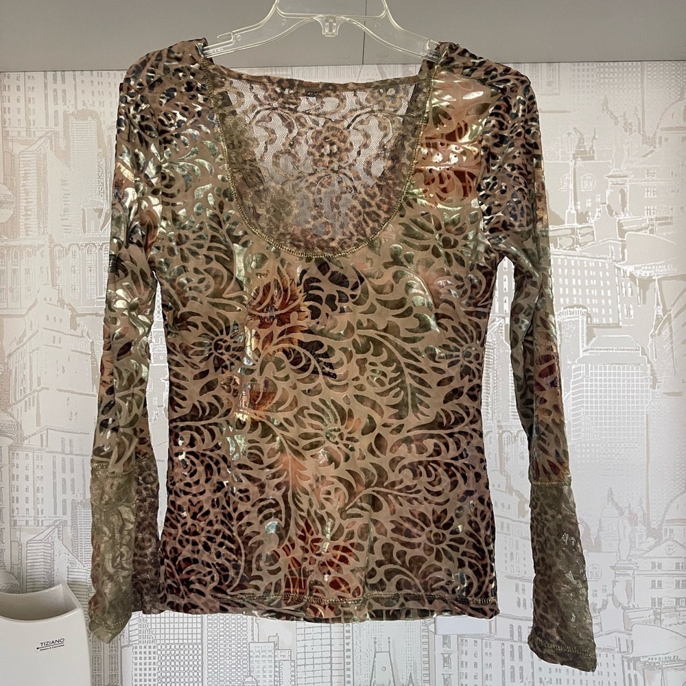 Cache Long Sleeve Top Velour Plant Print - Size Medium M - Picture 2 of 9